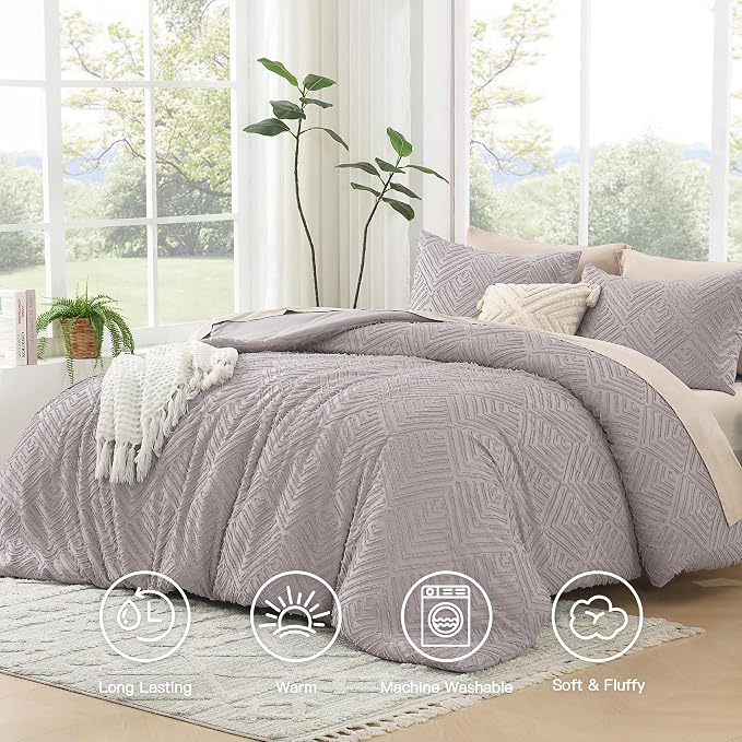 Litanika Queen Size Comforter Set, 3 Pieces Tufted Boho Bedding Set | Milk Coffee Farmhouse Shabby Chic Vintage Bohemian Textured Aesthetic Soft Fluffy Lightweight Breathable All Season Bed Set