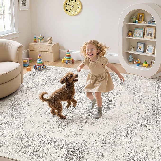 UERMEI 9x12 Area Rug Living Room Rugs - Washable Vintage Soft Large Rug Indoor Floor No Slip Rug Carpet for Bedroom Farmhouse Under Dining Table Home Office Decor - Beige/Camel