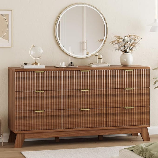Xixini Fluted Dresser for Bedroom with 9 Drawers, 57" Wide Modern Chest of Drawers with Metal Handle, Wooden Dresser TV Stand, Wood Closet Clothes Storage Organizer for Living Room, Hallway, Walnut