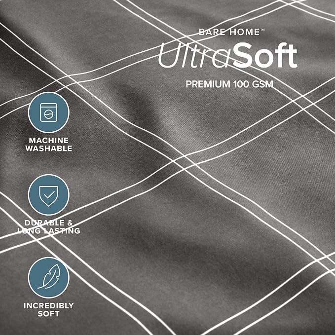 Bare Home Duvet Cover Set (Oversized King, Modern Plaid - Grey/White) | 1800 Ultra-Soft, Lightweight, Cooling, Breathable, Premium, All-Season