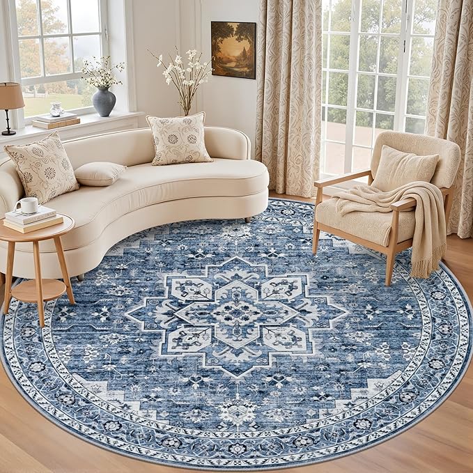 Round Area Rug for Living Room: 4ft Washable Rug for Bedroom Blue | Vintage Boho Soft Round Rug Indoor Floor No Slip Carpet Stain Resistant Rugs for Bedroom Dining Room Nursery Home Office