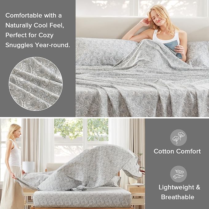 Comfort Spaces 100% Cotton Percale Sheets Cal King Size 4 Pc, Paisley Multi | Crisp, Cool & Breathable Bed Sheets, 14" Deep Pocket Fits Up to 16" Mattress, Lightweight, All Season Cozy, with Pillow Case