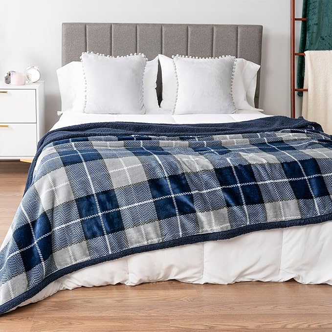 PAVILIA Twin Plaid Sherpa Throw Blanket for Couch Sofa Bed, Navy, 60x80 | GSM 460; Soft Plush Flannel Fleece; Warm&Cozy for Home; Machine Washable, Perfect Cabin Decor Winter Holiday Christmas Gift