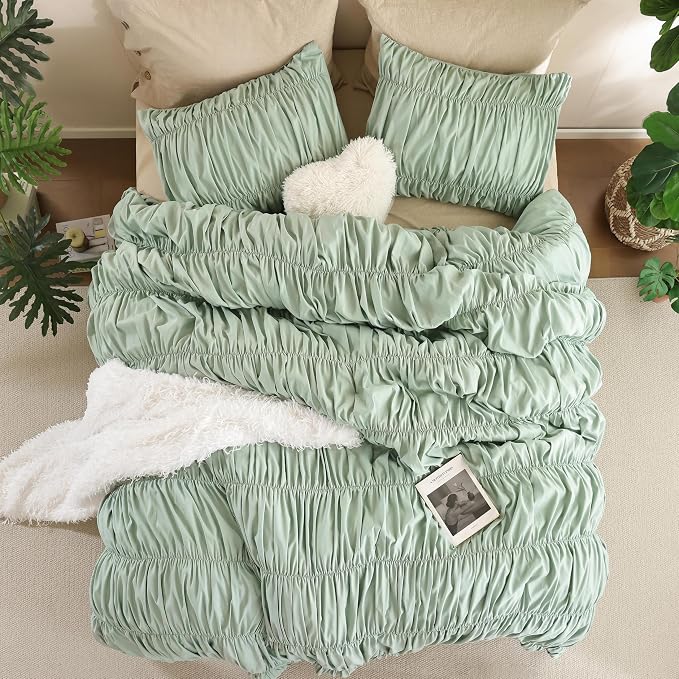 weigelia Sage Green Ruched Comforter Set Queen Size, Cute Bedding Set | All Season, Soft Microfiber Comforter, Cozy Cinched Design for Home & Bedroom Decor (1 Comforter,2 Pillowcases)