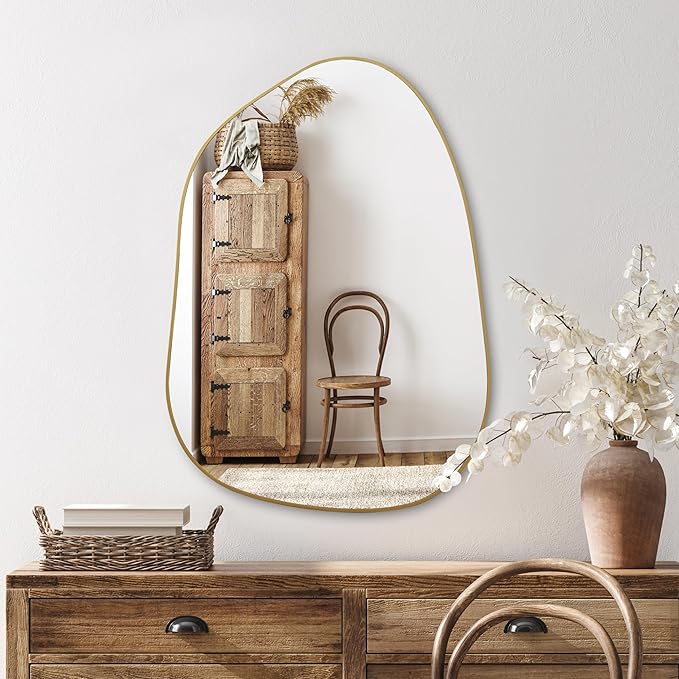 PERFNIQUE Irregular Asymmetrical Wall Mirror, 27''x19'' Gold Bathroom Mirror