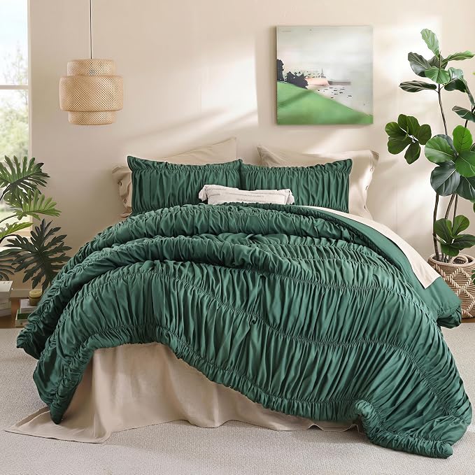 weigelia Emerald Green Ruched Comforter Set King Size, Cute Bedding Set | All Season, Soft Microfiber Comforter, Cozy Cinched Design for Home & Bedroom Decor (1 Comforter,2 Pillowcases)