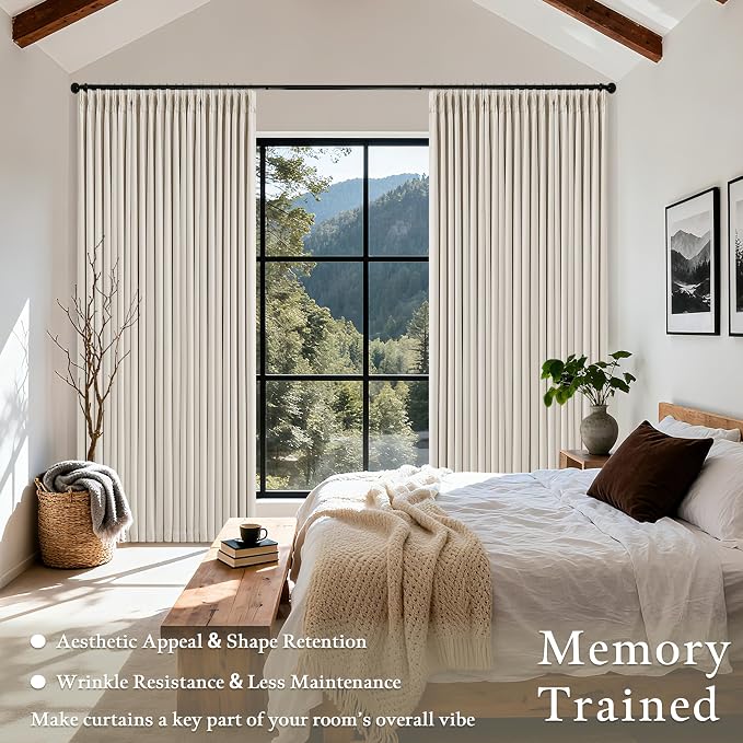 70 Inch Extra Wide Blackout Curtain 96 Inches Long Pinch Pleated Natural | Thick Linen Fabric with Liner, 100% Black Out Room Darkening, Cream Beige, for Living Room Bedroom Large Window 70x96 1 Panel