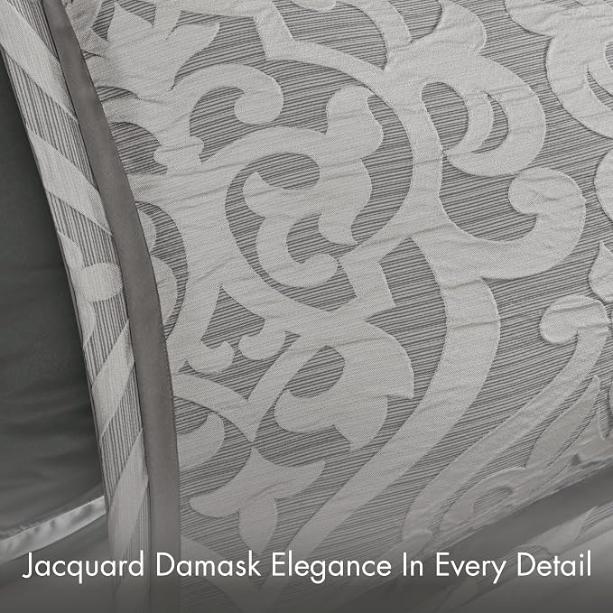 Madison Park Odette Cozy Comforter Set Jacquard Damask Medallion Design - Modern All Season, Down Alternative Bedding, Shams, Decorative Pillows, King(104 in x 92 in), Silver 8 Piece | All Season Down Alternative Bedding with Comforter, Shams, Bed Skir...