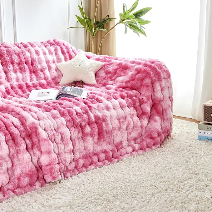60x80 Inches Ultra-Soft Fuzzy Faux Fur Plush Twin Size Blanket - Thick, Warm Sherpa for Couch, Sofa, Bedroom, Camping - Decorative Blanket for Cozy Warmth, Bubble Pink Tie Dye