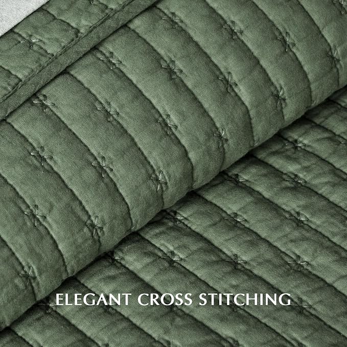 Cross Stitch Pre-Washed Cotton Quilt Bedding Set King Size, Oversized 3 Pieces Lightweight Bedspread Coverlet for All Season, with 2 Matching Shams, Olive Green,108"x96"