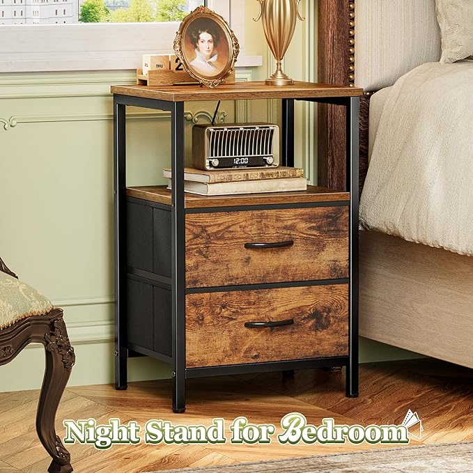 Huuger Night Stand Set of 2, Nightstand with 2 Drawers, Bedside Table | Open Shelf, Wooden Top, End Table, Fabric Drawer, for Bedroom, Living Room, Rustic Brown