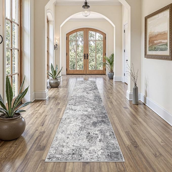 UERMEI 2x10 Washable Runner Rug for Hallway, Non Slip Low Pile Kitchen Carpet, Neutral Modern Abstract Indoor Floor Mat for Entryway Laundry, Kid & Pet Safe High Traffic Area, Grey