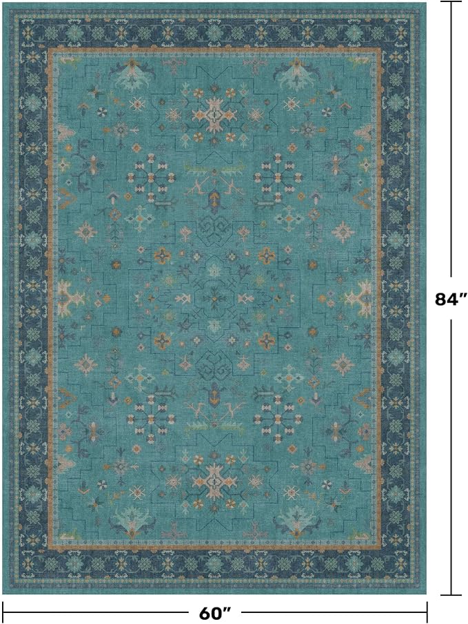5x7 Teal Rug for Living Room, Boho Turquoise Rugs for Bedroom, Modern Eclectic Low-Pile Carpet for Dining Table, Washable Non-Slip with Rubber Back