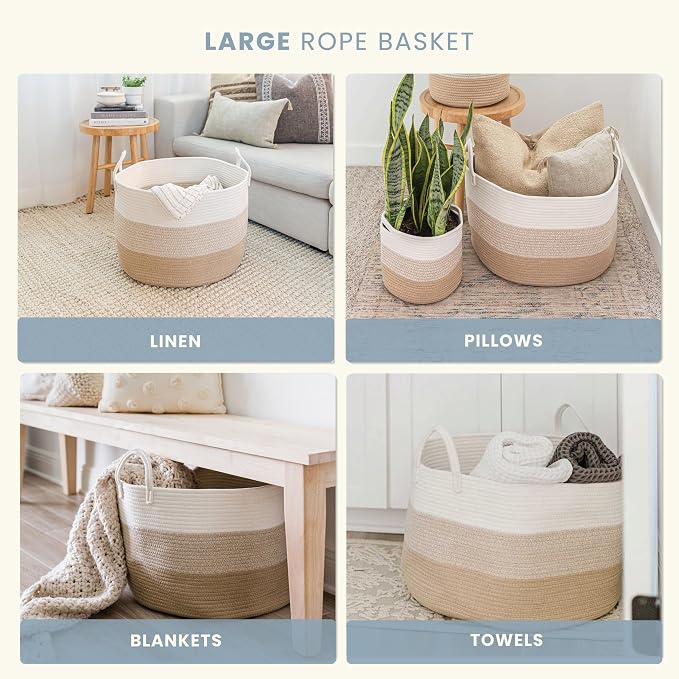 OrganiHaus Round Toy Basket & Blanket Basket, Cotton Rope 20x13" | 3-Toned Honey - Round Cotton Rope Basket, 20x13"