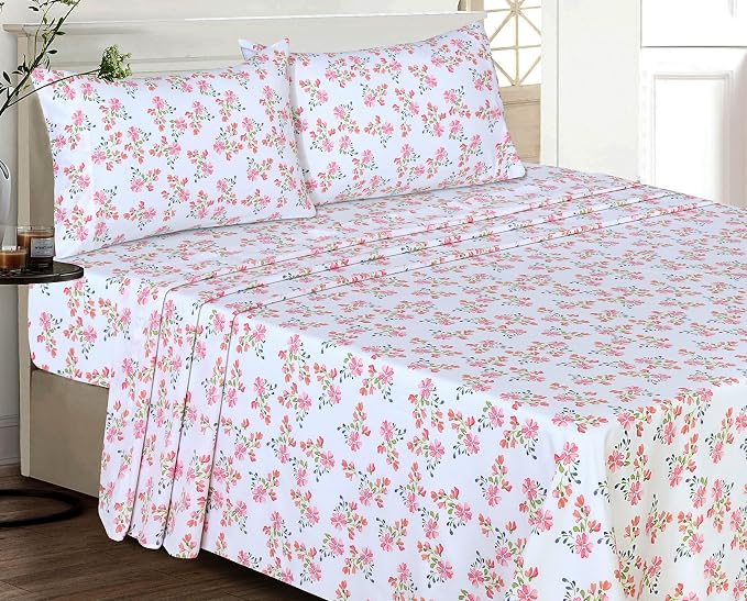 RUVANTI 100% Cotton Percale Sheets California King Size, Bloomex | Crisp Cooling for Hot Sleepers, Deep Pocket 14", Soft Breathable & Durable, Hotel-Style 4 Piece Set