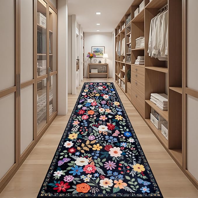 PLHXFR 2.6x14 Washable Runner Rug：Floral Indoor Kitchen Soft Carpet Black | For Hallway Bedroom Kitchen Laundry Bathroom Dorm,Vintage Floral,Machine washable,Non Slip,Stain Resistant,Indoor Floor