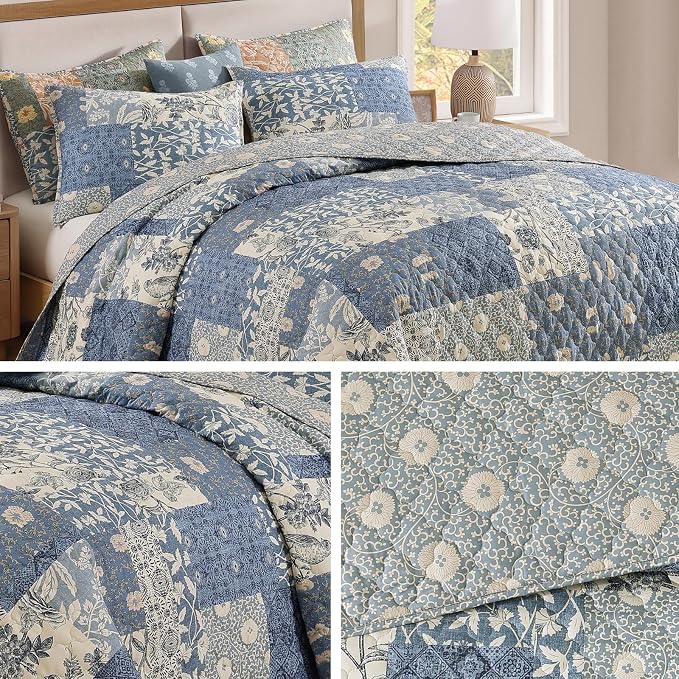 King Size Quilt Set-3 Pieces Soft King Bedspread Floral Patchwork Quilt | Lightweight Blue Quilt, Reversible Vintage Floral Bedding Set, All Seasons Bed Coverlet with 2 Pillow Shams, 106"x94"