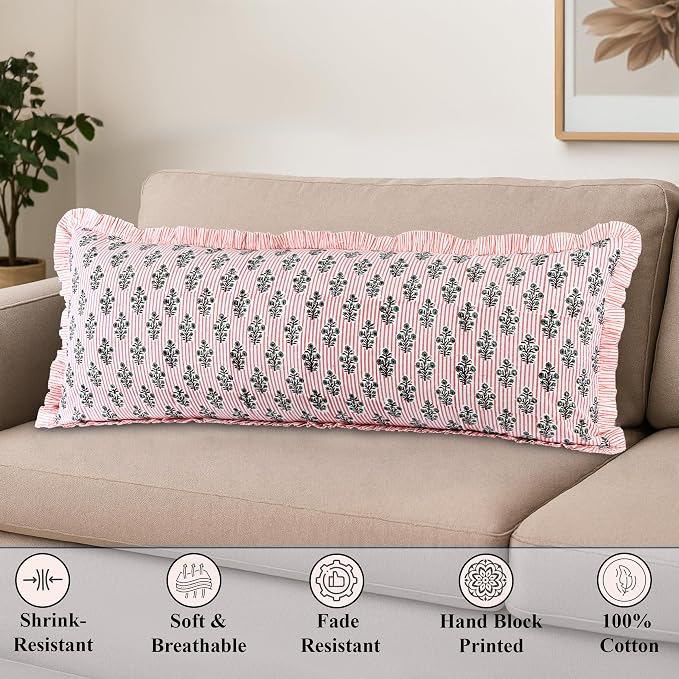 Ridhi Block Print Salmon Blossom Ruffle Lumbar Pillow Shams, 20" x 54" | 100% cotton, Floral Pillowcase, Cushion Cover, Hidden Zipper, Cottagecore Bedding, farmhouse boho style, fits couch, sofa,Bed