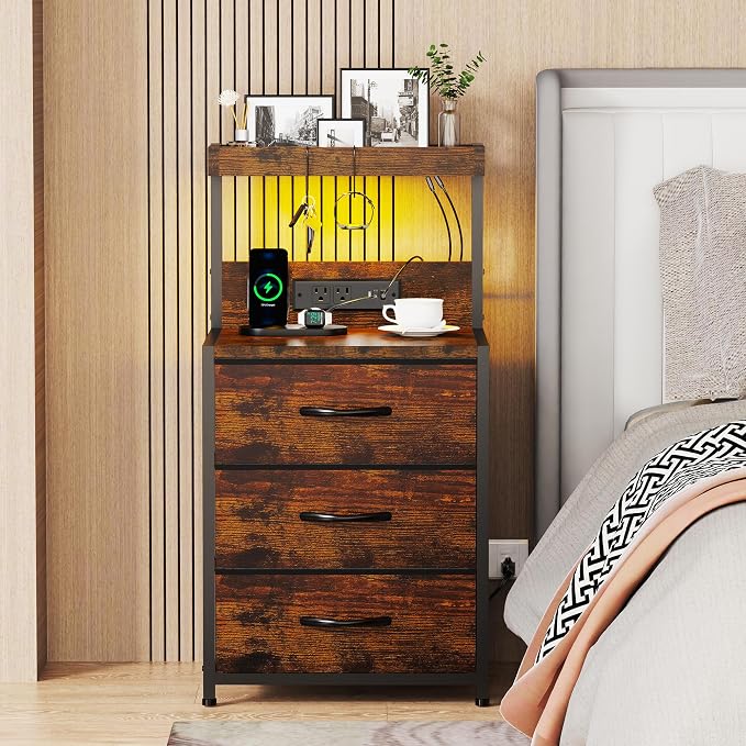 SZLHANJZ Nightstands Set of 2, LED Light and Charging Station, 3 Drawers | Spacious Fabric Drawers End Table, Storage Night Stand with Hooks, Tall Bed Side Table for Bedroom Dorm, Rustic Brown