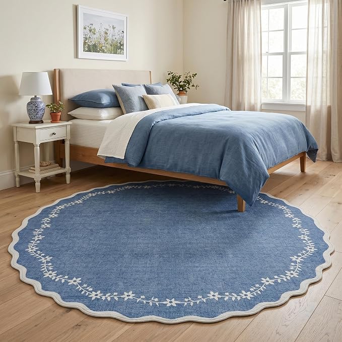 GarveeHome Round Area Rug 5ft Scalloped Washable Circle Rug for Bedroom | Soft Blue Non Slip Floral Print Floor Mat Carpet Indoor Thin Tent Rug for Kids Dining Room Playroom Nursery Entryway