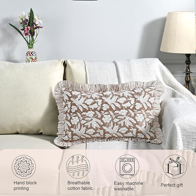 Ridhi Block Print Oak Brown Ruffle Lumbar Pillow Shams, 20" x 12" Set-1 | 100% cotton, Floral Pillowcase, Cushion Cover, Hidden Zipper, Cottagecore Bedding, farmhouse boho style, fits couch, sofa,Bed