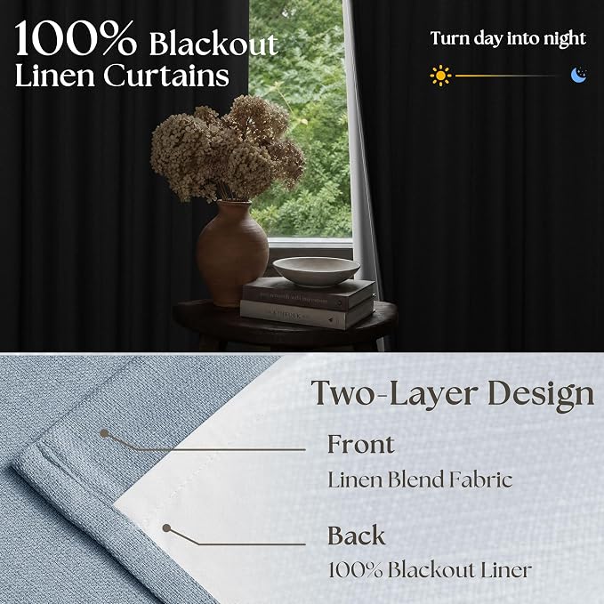 TWODRAPES 100 Inch Blackout Pinch Pleated Thick Linen Curtains 2 Panel Set | 100% Black Out Light Blocking, Pinch Pleat Curtain with Two Layer, for Living Room Kids Bedroom, Light Baby Blue, W40xL100