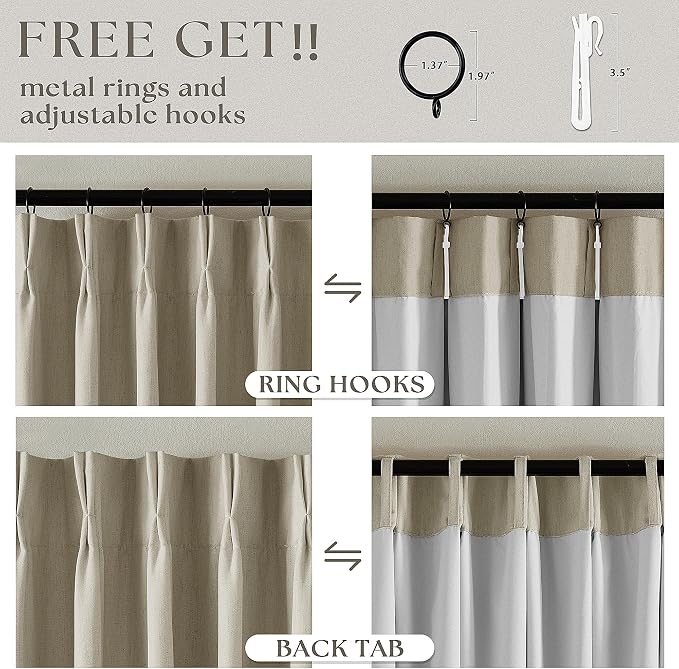Burlywood Birch Pleated Blackout Linen 102 Inch Long Curtains 60 Inch Wide | 100% Black Out, Memory Trained, Pinch Pleat with Back Tab, Energy Efficient, Thermal Insulated Neutral Drape W60xL102 1 Panel