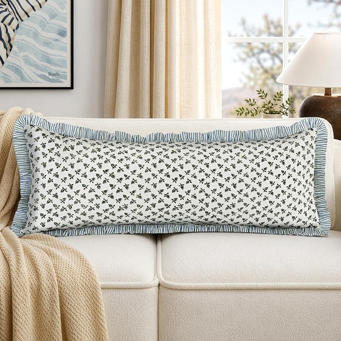 Ridhi Block Print Baby Blossams Ruffle Lumbar Pillow Shams, 36" x 14" Set-1 | 100% cotton, Floral Pillowcase, Cushion Cover, Hidden Zipper, Cottagecore Bedding, farmhouse boho style, fits couch, sofa,Bed