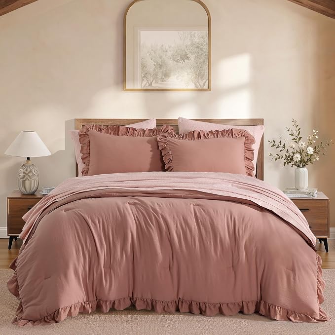 Full Size Comforter Sets-7 Pieces Ruffle Bedding Floral Sheet | Pink Lace Bed in a Bag, Soft Lightweight All Season Farmhouse Full Size Bedding Sets with Floral Sheets, Pillowcases & Shams