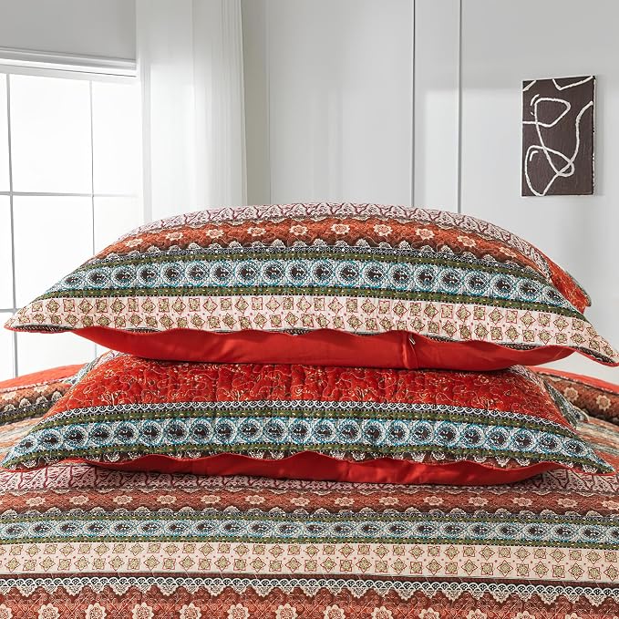 Cotton Bedspread Quilt Sets - Reversible Patchwork Coverlet Set, Red Striped Jacquard Pattern, California King Size