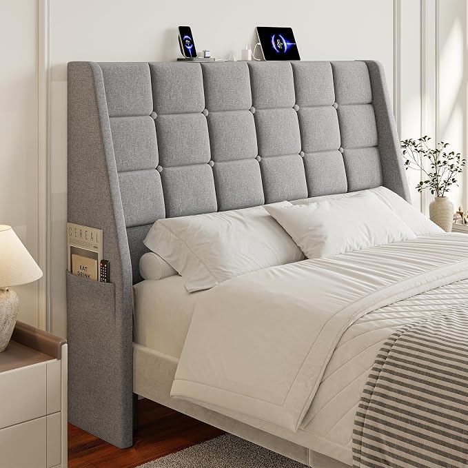 Full Size Headboard with Charging Station, Wingback Ergonomic Headboards | Wingback Upholstered Bed Head Board with Storage Pocket, Sturdy Stable Solid Wood Headboard, Bed Frame Adapters, Light Grey