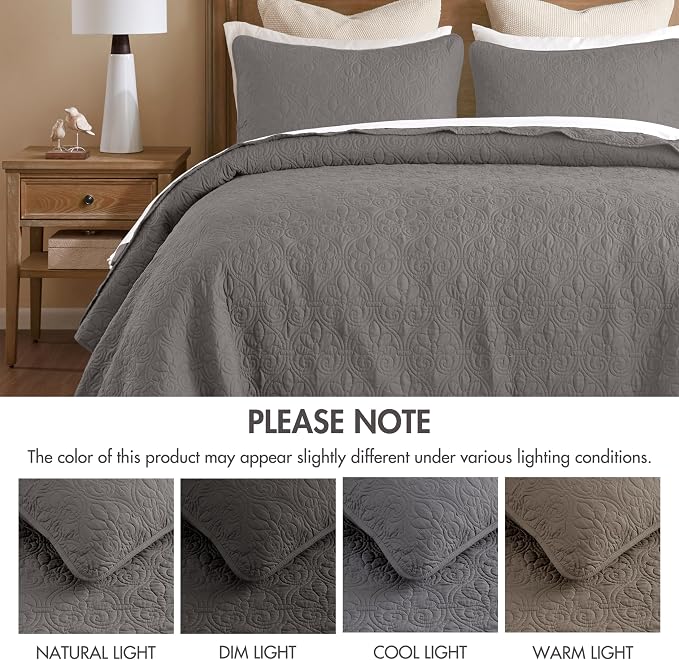 Madison Park Full Quilt Bedding Set, Cottage-Inspired Damask, 3PC | All Season Quilted Coverlet, Classic Stitch Pattern Bedspread & Shams, Ultra Soft Microfiber Bedspread Set, Dark Grey