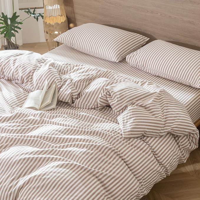 MooMee Striped Duvet Cover Set 100% Washed Cotton Linen Like Super Queen | Relaxed Linen-like Texture. Soft, Breathable & Long-lasting Comfort. Lightweight. Hidden Zipper with 8 Interior Corner Ties