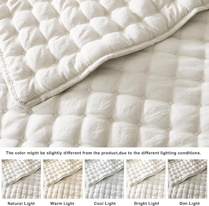 WDCOZY Queen Size Quilts Bedding Sets with 2 Pillow Shams, Ivory Lightweight Soft Bedspread Coverlet, Quilted Blanket Thin Comforter Bed Cover for All Season, 3 Pieces, 90x90 inches