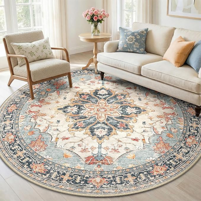RELEANY Washable Area Rug, Round 6ft, Beige/Blue/Orange | Non-Slip, Water Repellent, Pet Friendly, Easy to Clean, Vintage Floral Boho Decor for Living Room Bedroom Dining Room