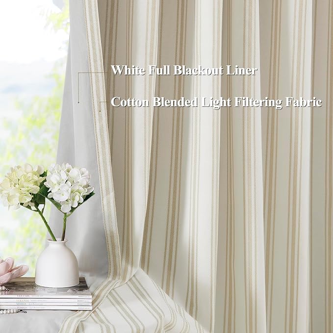ZJDECOR 84 Inches Beige Striped Full Blackout Curtains for Bedroom | Stripe on White Cotton Blend Light Filtering with White Liner,Darkening Window Treatment,Back Tab Rod Pocket,55"Wx84"Lx2