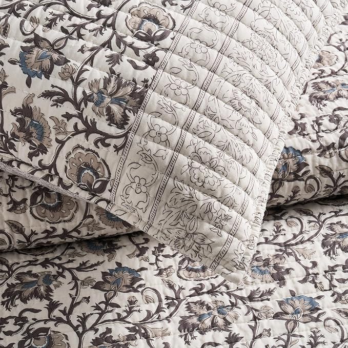 EverGrace 100% Cotton Floral Quilt Set, King Size, Farmhouse Taupe 110"×92" | Reversible Lightweight Bedspread Coverlet, Vintage Floral Farmhouse Bedding, Traditional Botanical Quilt with 2 Pillow Shams