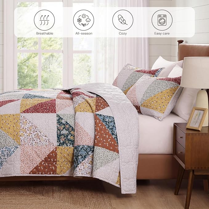 King Quilt Set-3 Pieces Soft Bedding Lightweight Floral Patchwork Coverlet | All Seasons Quilts Queen Size for Bed, 1 Quilt (106" x 94") and 2 Shams (20" x 36"), Vintage Bedspread, Burnt Orange