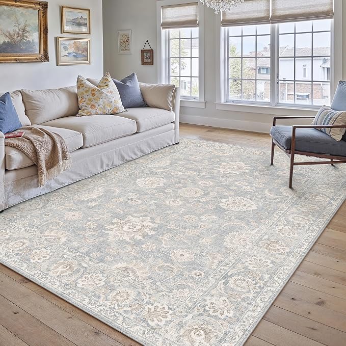 5x7 Blue Cream Neutral Area Rug | Washable, Vintage, Soft, Non Slip, Low Pile, Distressed, Carpet for Living Room Bedroom Dining Room Nursery Home Decor