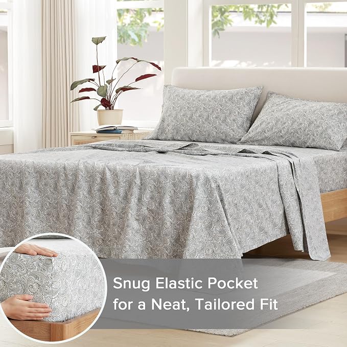 Comfort Spaces 100% Cotton Percale Sheets Cal King Size 4 Pc, Paisley Multi | Crisp, Cool & Breathable Bed Sheets, 14" Deep Pocket Fits Up to 16" Mattress, Lightweight, All Season Cozy, with Pillow Case