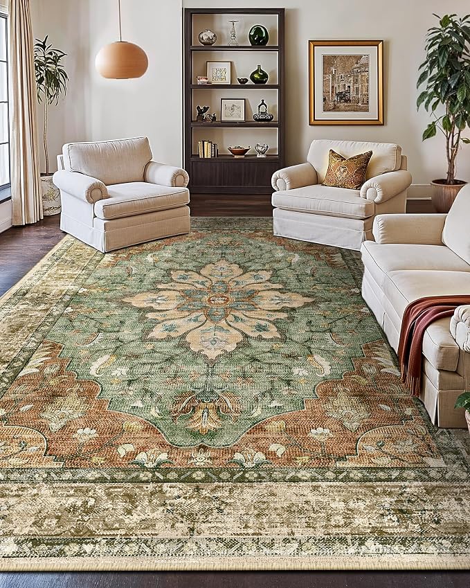 RELEANY Washable Area Rug, Large 10'x14', Brick/Brown/Green | Non-Slip, Water Repellent, Pet Friendly, Easy to Clean, Vintage Floral Boho Decor for Living Room Bedroom Dining Room