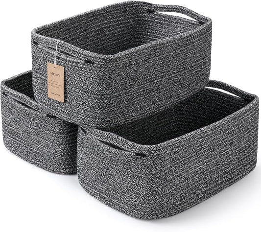 3 Pack Small Storage Baskets for Organizing, 11.8×7.8×5.1", Mixed Black | Woven Baskets for shelves, Cotton Rope Basket for Gifts Empty, Closet Organizer Bins with Handles, Cube Decorative Box