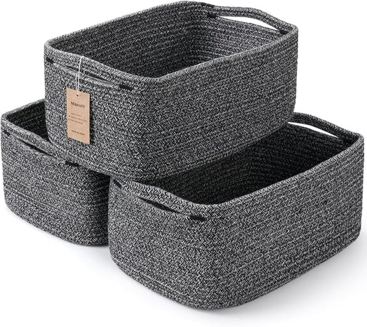 3 Pack Storage Baskets for Organizing, 13.7×9.5×6.3", Mixed Black | Woven Baskets for Shelves, Cotton Rope Basket for Gifts Empty, Closet Organizer Bins with Handles, Cube Decorative Box