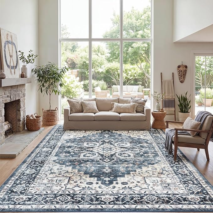 AMADA HOMEFURNISHING 9x12 Washable Area Rug, Low-Profile Large Area Rug with Non-Slip Backing & Durable Edge Binding, Vintage Large Rugs for Living Room, Bedroom & Dinning Room