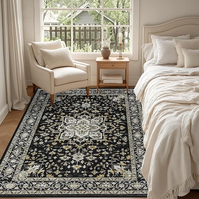 6x9 Area Rugs Living Room: Washable Rug for Bedroom Black Gold | Boho No Slip Stain Resistant Rug Soft Indoor Decor Floor Floral 6x9 Area Rugs for Dining Room, Nursery, Hallway, Home Office
