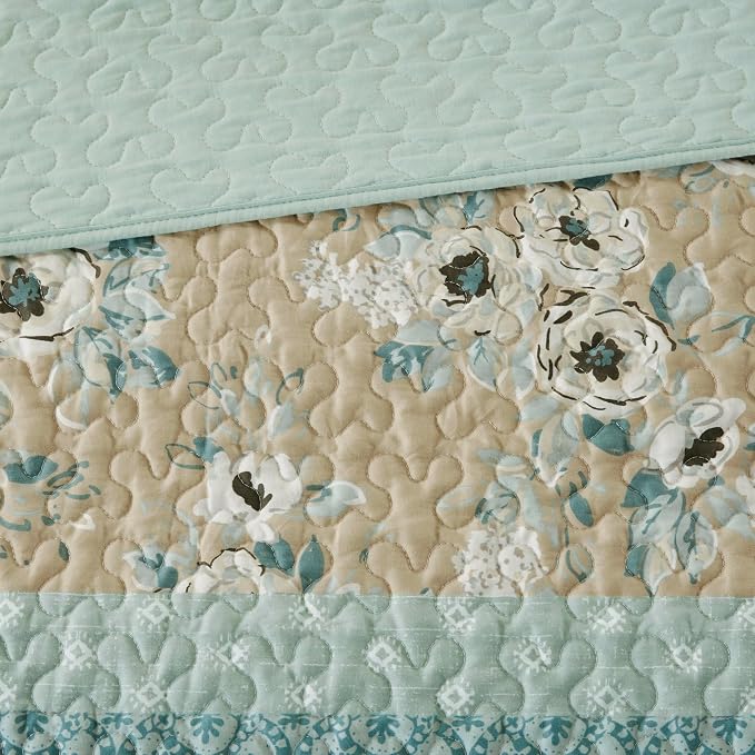 Madison Park Cotton Floral Coverlet Green King Quilt Set, 6pc | Double Sided Stitching, All-Season, Lightweight, Shabby Chic Bedding Layer, Machine Washable, Cozy, Breathable, Soft