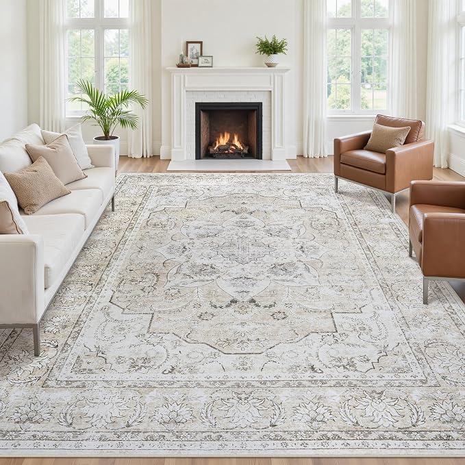 8x10 Washable Area Rugs for Living Room Beige White Non-Slip Rug | Vintage Medallion Rug，Soft Low Pile Large Rugs，Indoor Retro Carpet for Bedroom Nursery Dining Table Farmhouse Home Office