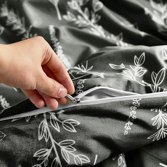 MUXHOMO Duvet Cover Full Size, Reversible Floral Dark Grey Duvet Cover Set with Zipper Closure, 3 Pieces Botanical Patterns Soft Microfiber Bedding Set with 4 Ties (80"x90", 2 Pillow Cases)
