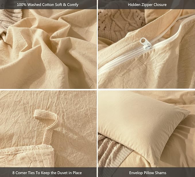 MooMee Duvet Cover Set 100% Washed Cotton Linen Like King | Relaxed Linen-like Texture. Soft, Breathable & Long-lasting Comfort. Lightweight. Hidden Zipper with 8 Interior Corner Ties