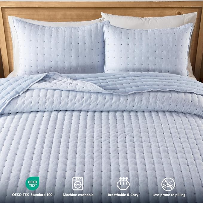 WDCOZY Blue Cloud Quilt Set King Size, Lightweight Soft Cross Stitch Bedspread, Textured Like Linen, Farmhouse Rustic Country Coverlet, Spring Summer Thin Comforter, 3 Pieces, 104x90 inches